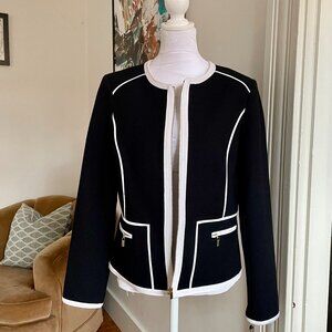 Calvin Klein / NWT Work Zippered Blazer / Black With White Piping / Sz 10